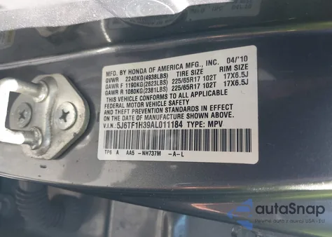 2010 Honda Accord Crosstour Ex from USA, damaged, VIN 5J6TF1H39AL011184